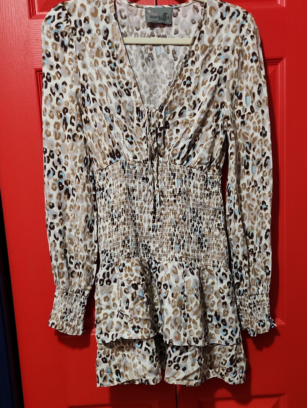 Sz S Pink Paparatzi Boutique Beige Leopard Print Long Sleeve Smocked Mini Dress